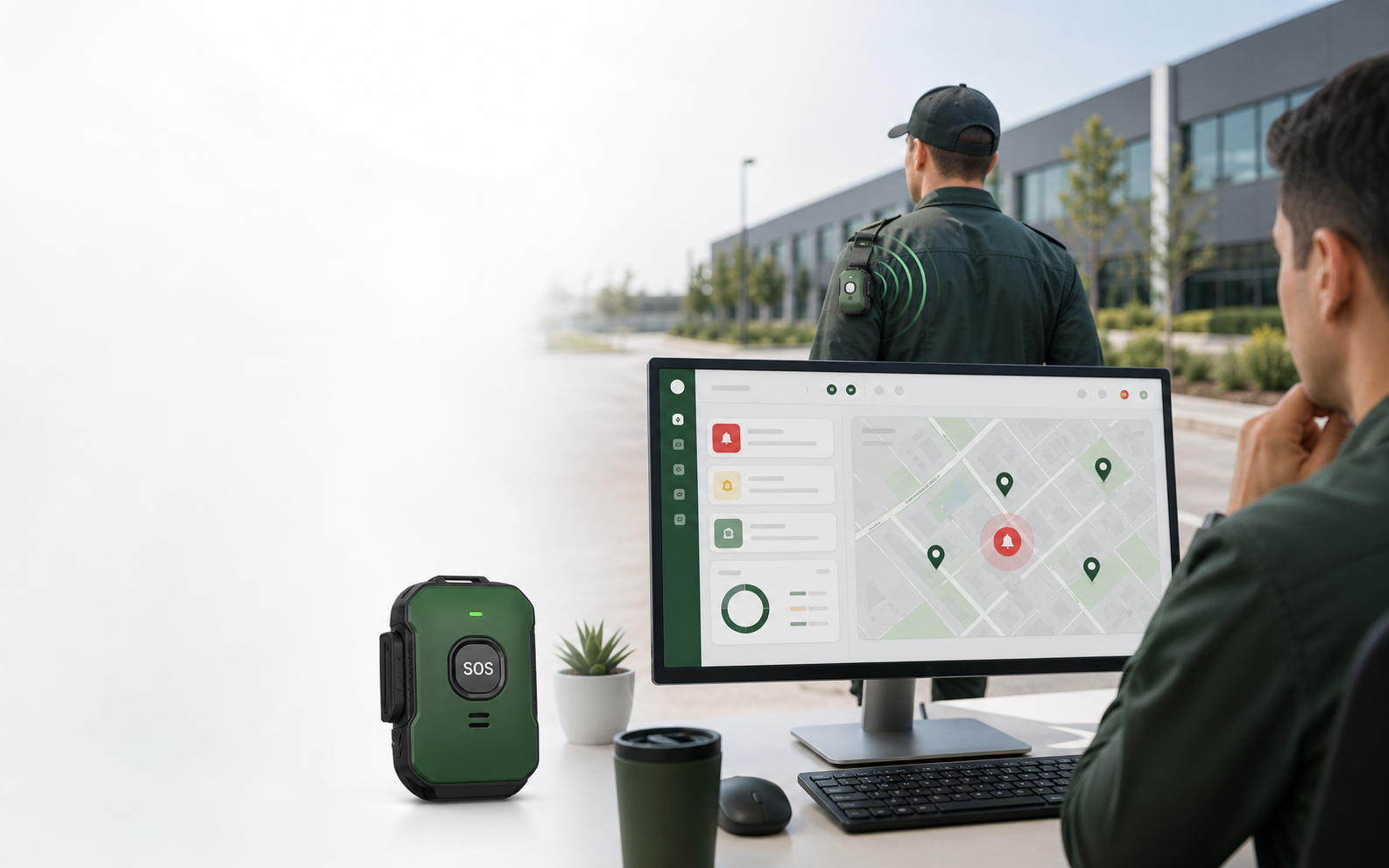 Beacon SOS GPS device with security operations dashboard and field guard patrol context