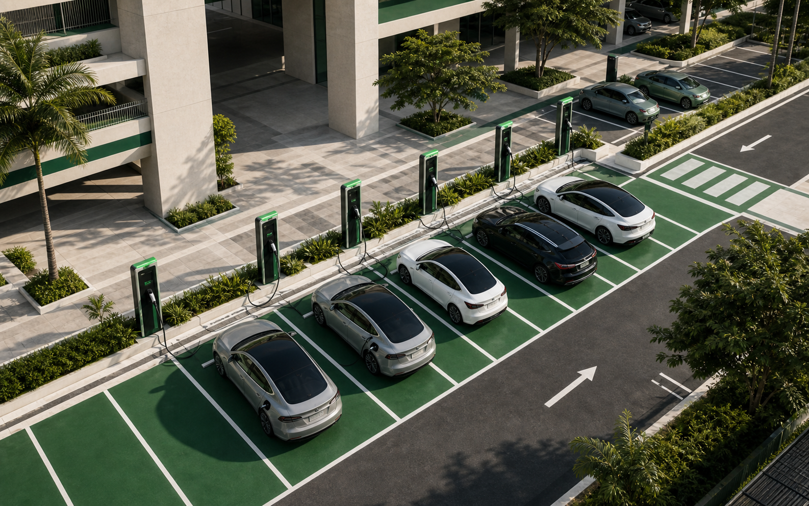 Aerial view of an EV fleet charging area at a commercial parking facility