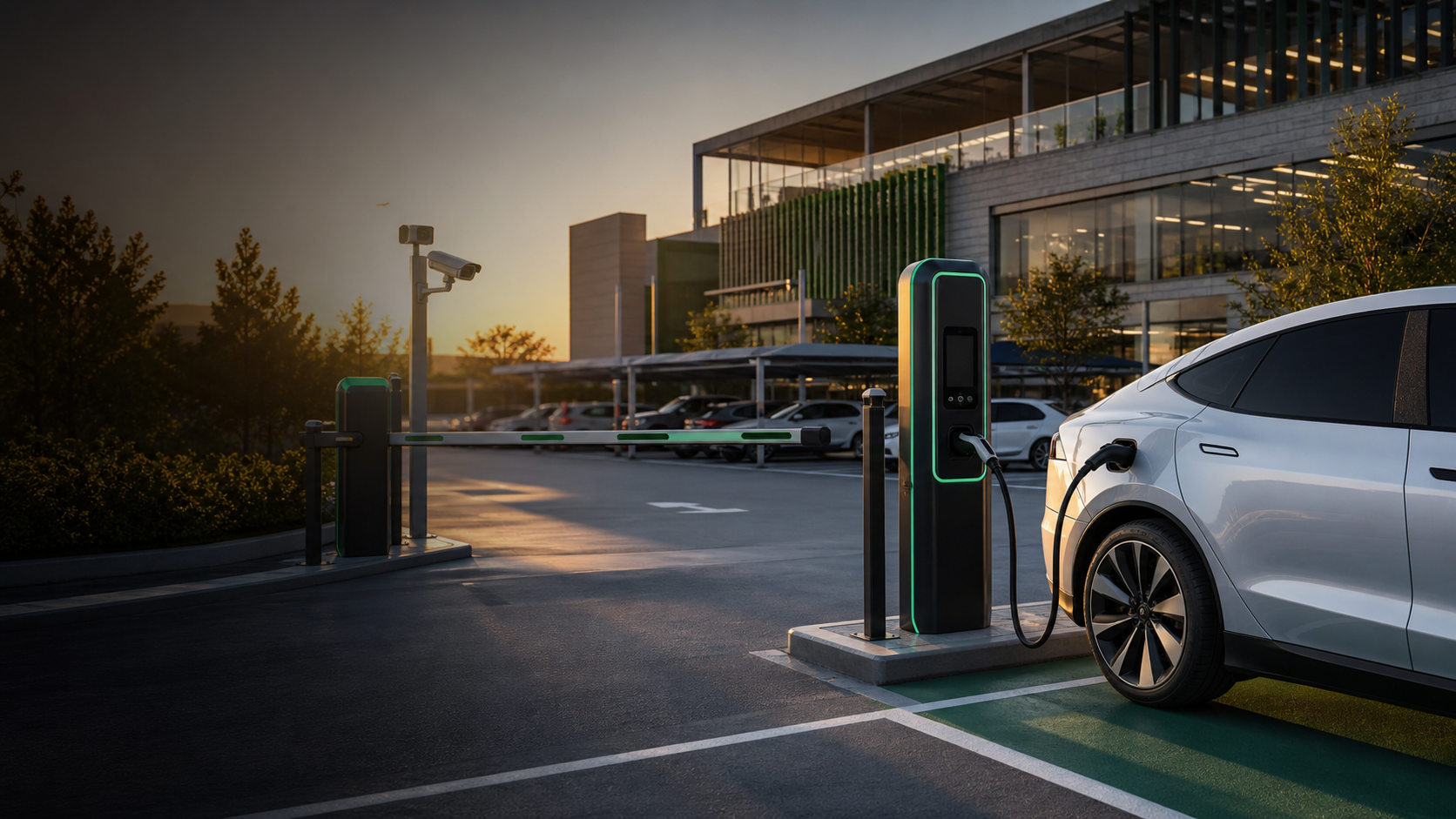 Office car park with barrier, camera and EV charger