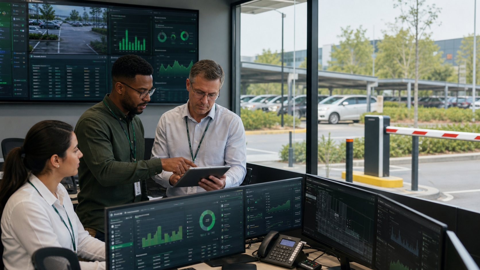 Parking operations room with live site screens