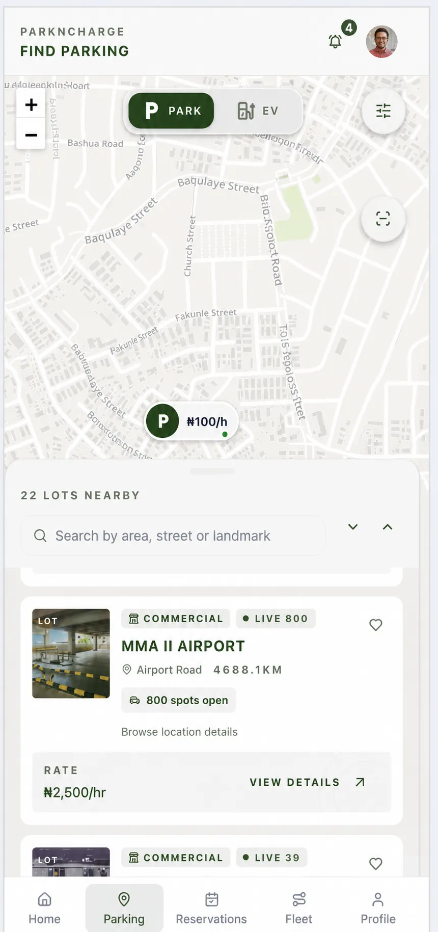 ParknCharge app showing nearby parking on a map